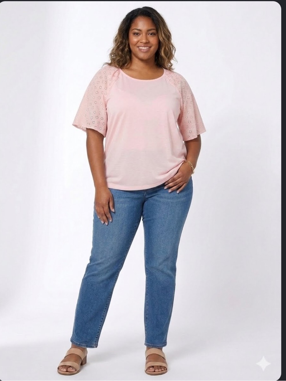 Gloria Vanderbilt Pink Eyelet Flutter Sleeve Top XXL Plus Coquette Romantic xxl